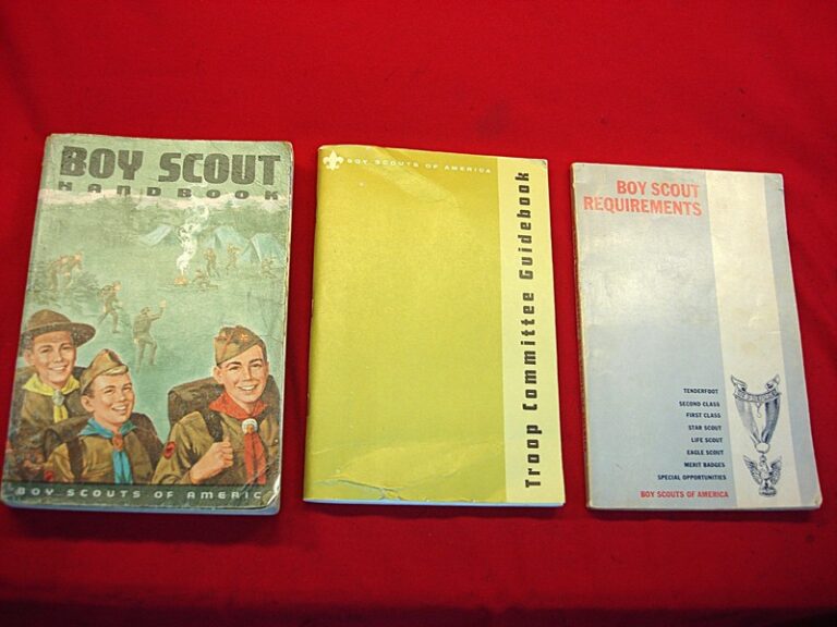 Vintage Boy Scout manuals from 1967-1969, including a Handbook, Troop Guidebook, and Requirements manual.