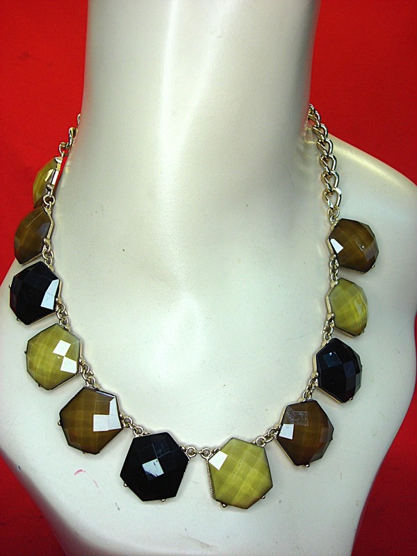 Vintage gold-tone hexagon necklace with colorful gemstones