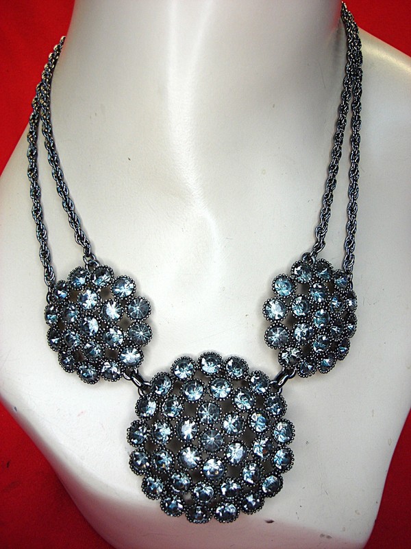 Vintage blackened metal necklace with medium blue stones, 18-21 inch