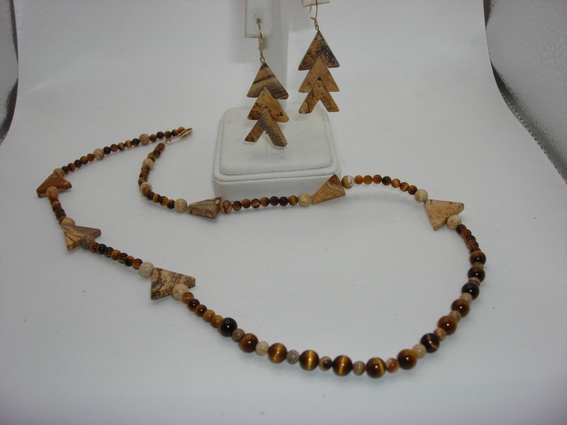 Vintage 14K Gold-Filled Tiger's Eye & Picture Jasper Necklace & Earrings Set