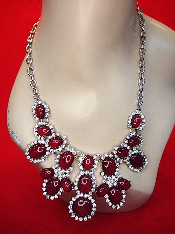 Vintage silver tone necklace with maroon stones and diamond simulants