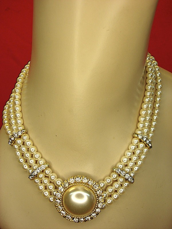 Vintage 3-Strand Faux Pearl & Diamond Choker Necklace - 16" (Elegant, Pre-Owned)