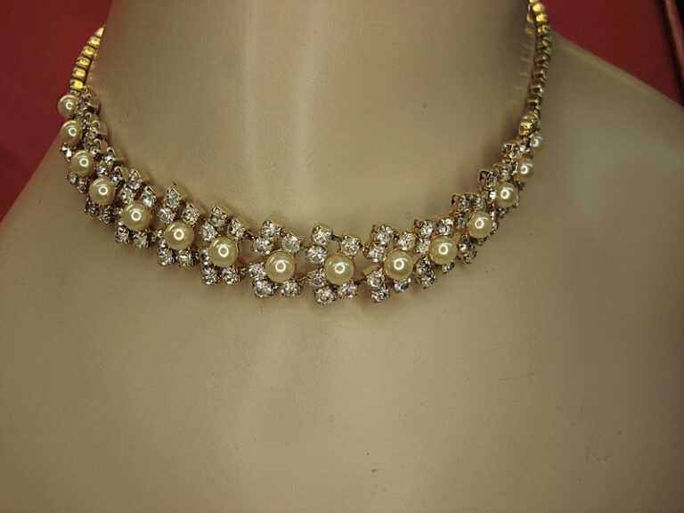 Vintage Gold Tone Choker Necklace with Faux Diamonds & Pearls