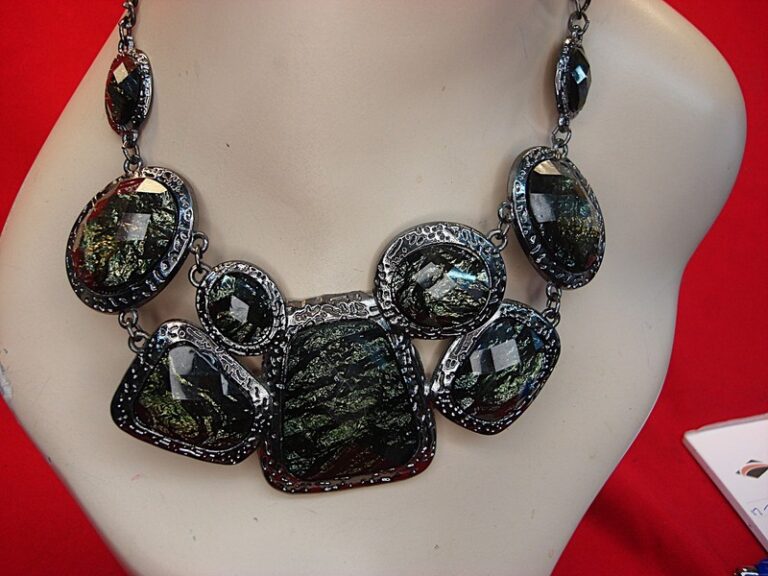 Vintage blackened metal necklace with dark green stones