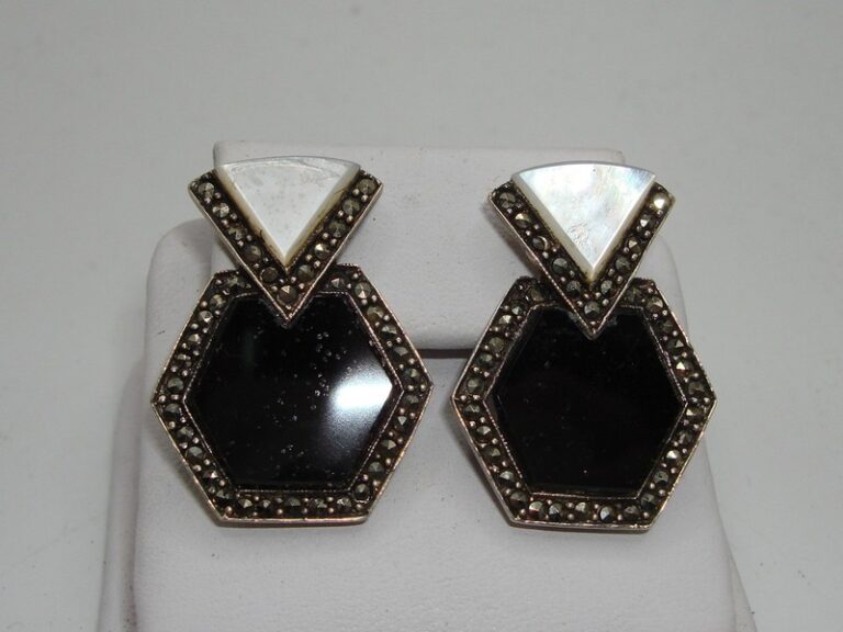 Vintage sterling silver onyx, mother-of-pearl, and marcasite earrings