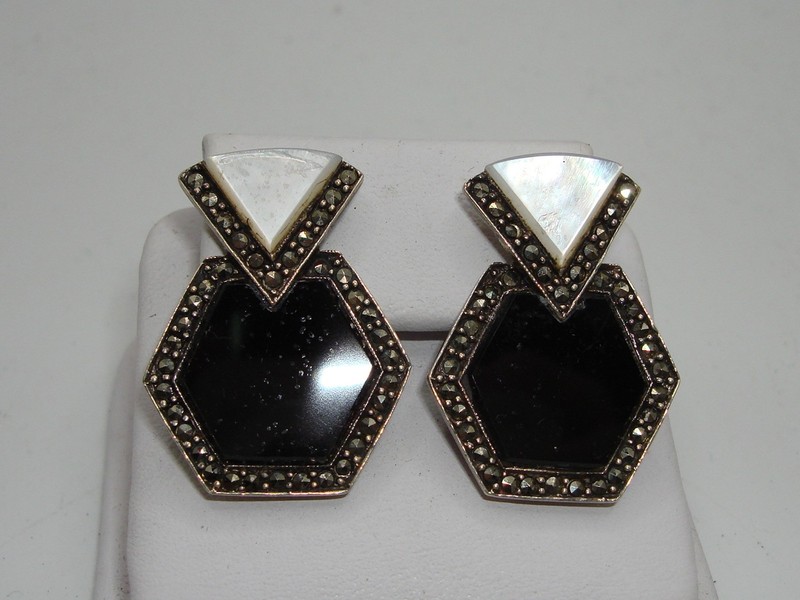 Vintage sterling silver onyx, mother-of-pearl, and marcasite earrings