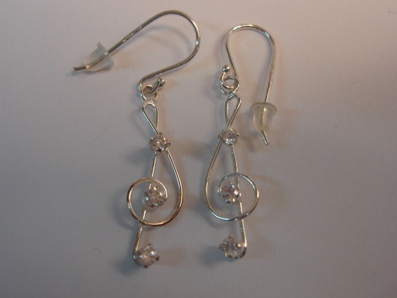 Sterling Silver Treble Clef Dangle Earrings with Cubic Zirconia