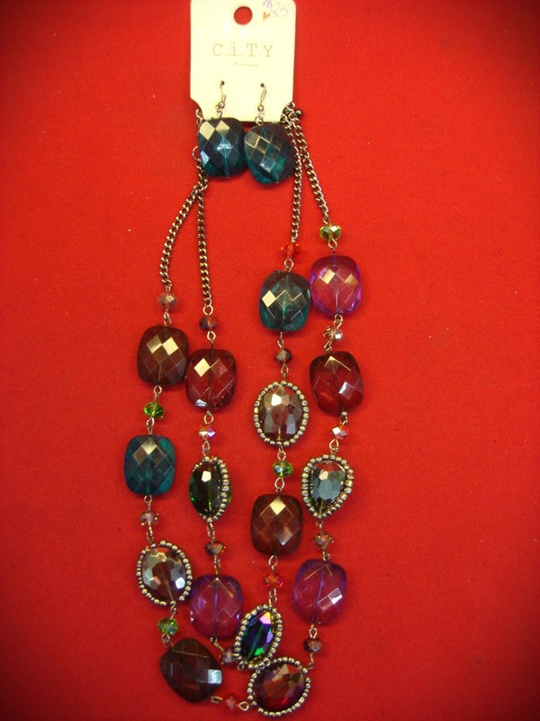 Colorful beaded necklace and earring set, adjustable length, new on card