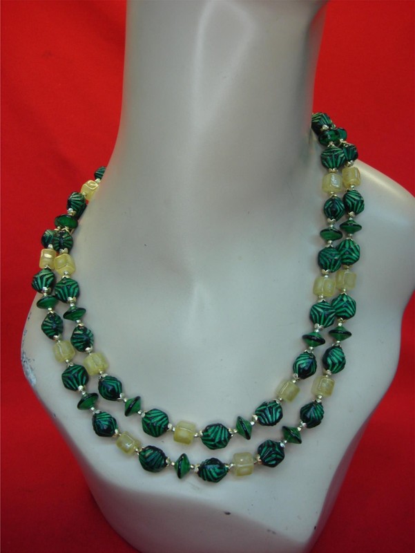 Vintage chunky necklace with dark green and amber beads, 20 inch statement piece