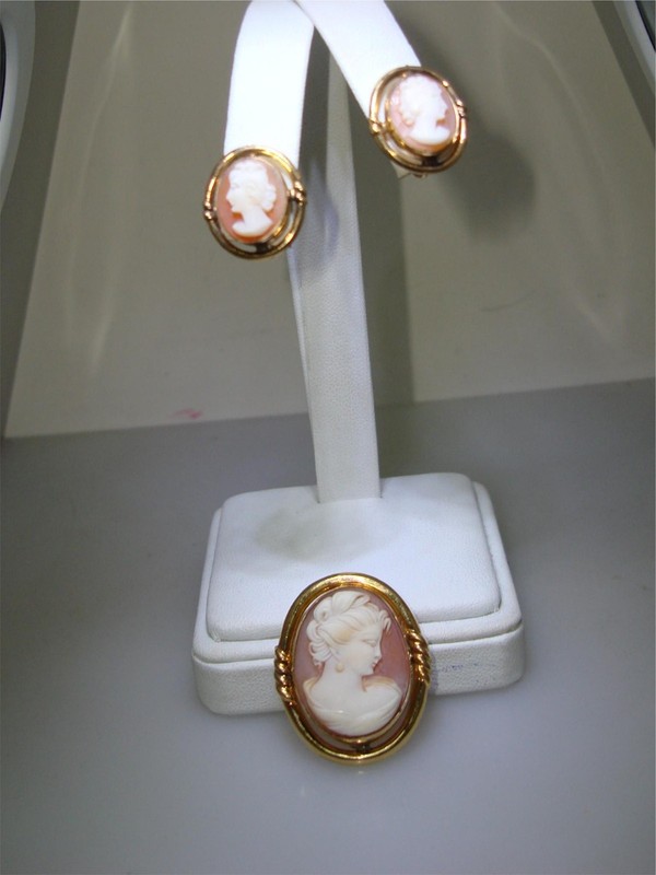 Vintage signed gold-filled carved shell cameo brooch and earring set