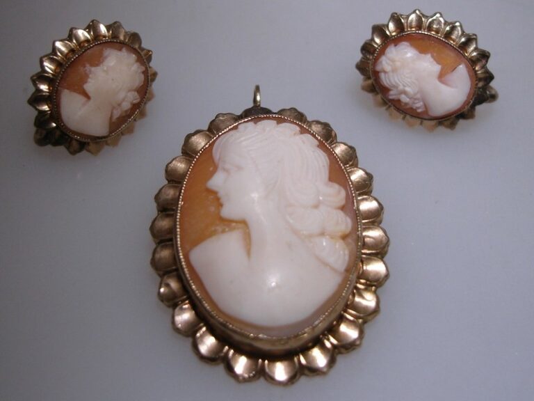 Vintage gold filled carved shell cameo pin and earrings set, signed L.S.P. Co.