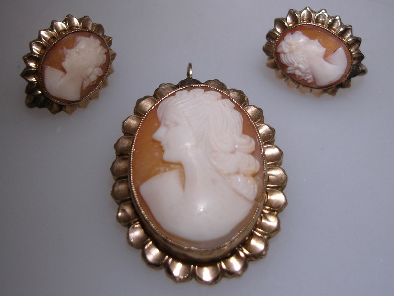 Vintage gold filled carved shell cameo pin and earrings set, signed L.S.P. Co.