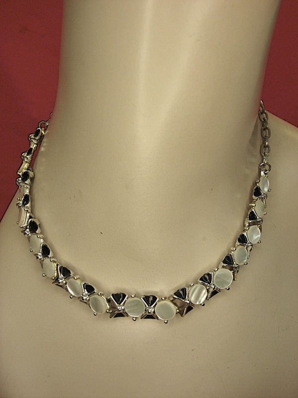 Vintage silver-tone moonstone and black enamel necklace