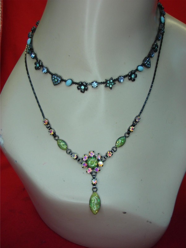 Vintage necklace set with blue and green stone pendants on blackened chains