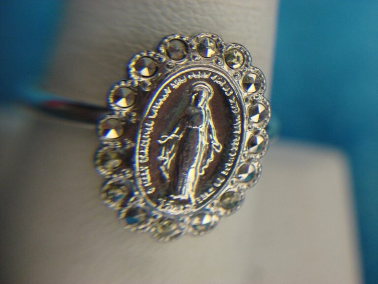 Vintage Theda Sterling Blessed Mary Ring with Marcasites & Rhodium Plating (Size 8.75)