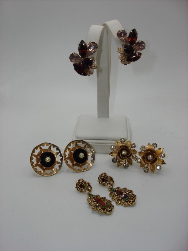 Vintage 1960s-70s Screw Back Earrings Set (4 Pairs) - Gold Tone, Rhinestones & Enamel