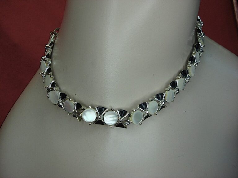 Vintage silver tone moonstone necklace with black enamel and adjustable chain