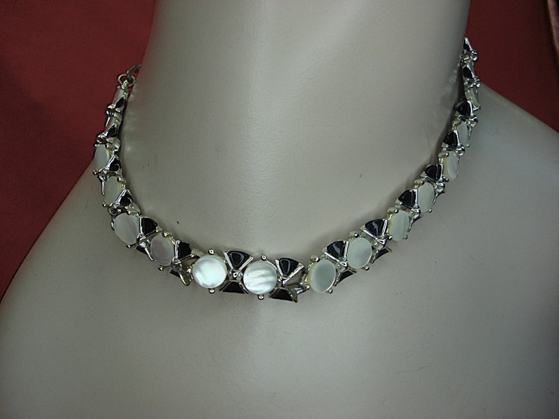 Vintage silver tone moonstone necklace with black enamel and adjustable chain