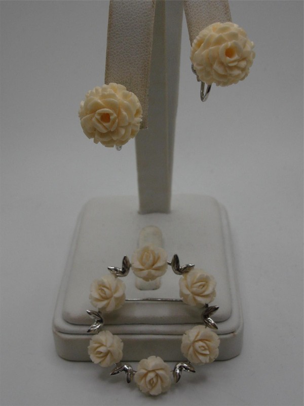 Vintage Sterling Silver Carved Celluloid Rose Pin & Earrings Set - Excellent Condition