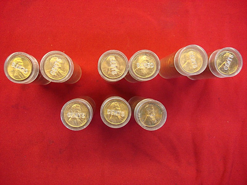 Nine rolls of Lincoln Memorial cents from 1959-1964, red and toned originals