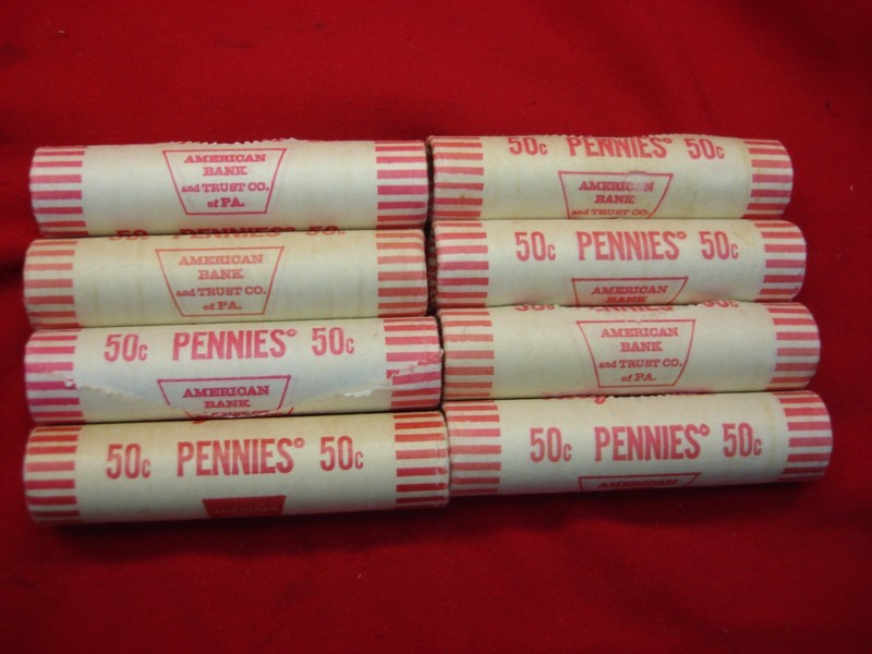8 rolls of 1975-P Memorial Pennies, originally bank-wrapped by American Bank & Trust Co. of Pennsylvania.