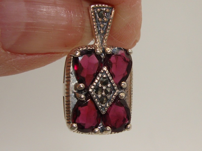 Vintage Sterling Silver Garnet & Marcasite Pendant by J.C. - 1 Carat