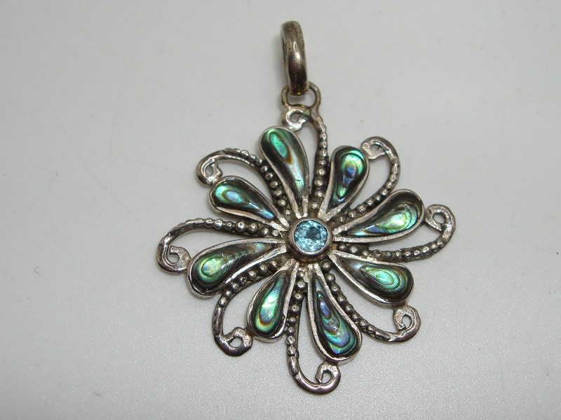 Sterling Silver Abalone & Blue Topaz Pendant - 925 Hallmark