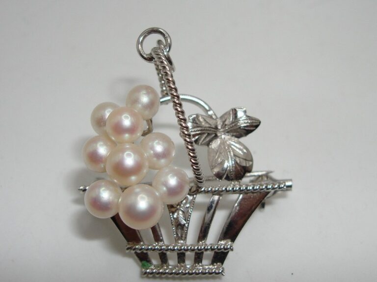 Vintage silver basket brooch with nine cultured Akoya pearls, wear as pendant