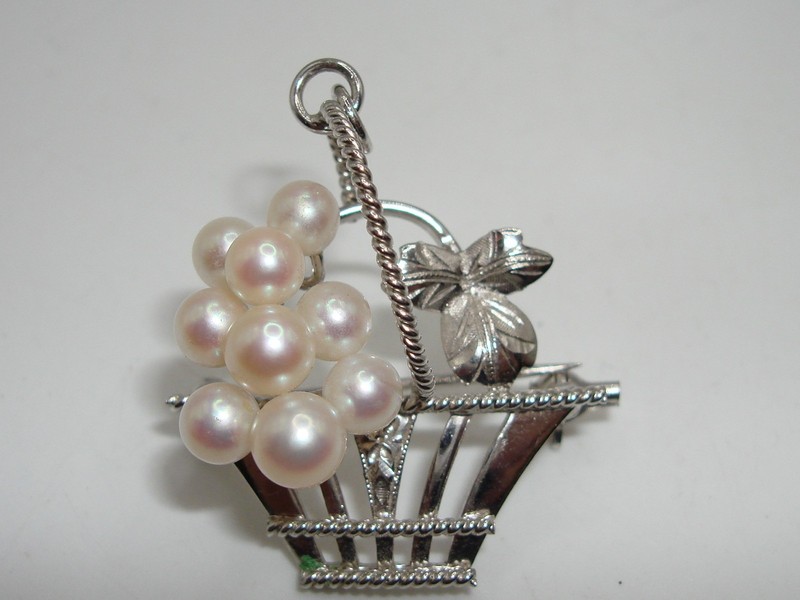 Vintage silver basket brooch with nine cultured Akoya pearls, wear as pendant