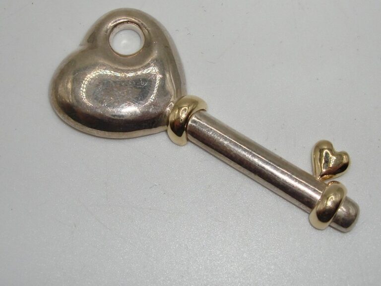 Vintage sterling silver and 14k gold heart key pin
