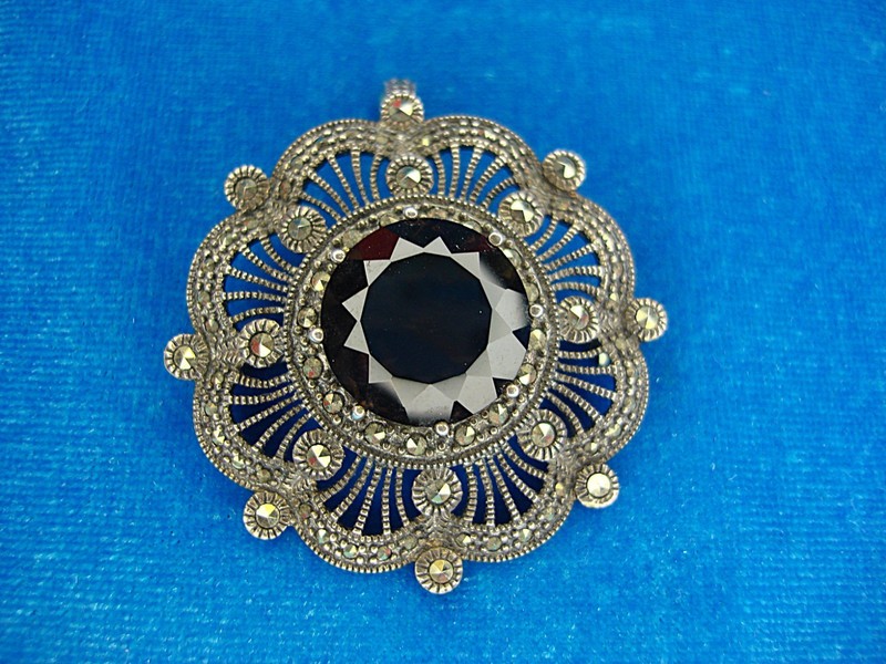 Art Nouveau red stone and marcasite sterling silver brooch pin