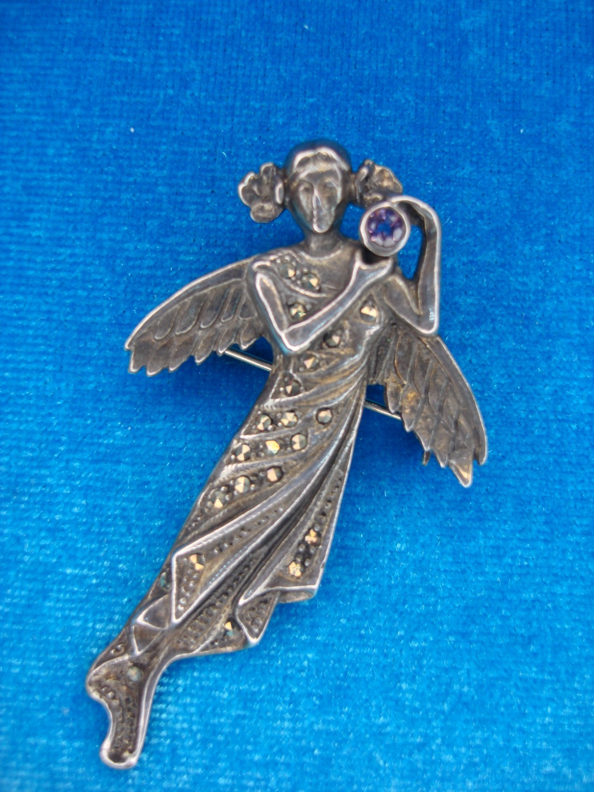 Vintage Art Nouveau sterling silver angel brooch with marcasites