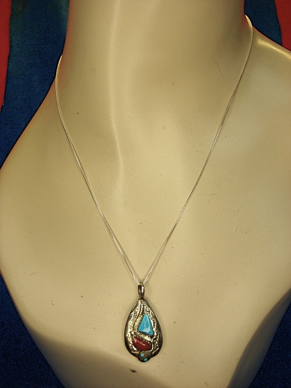 Native American Sterling Silver Turquoise & Coral Pendant Necklace
