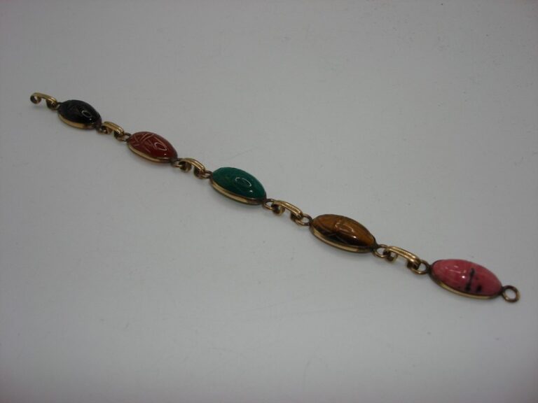 Vintage gold-filled scarab beetle bracelet with gemstone and onyx carvings