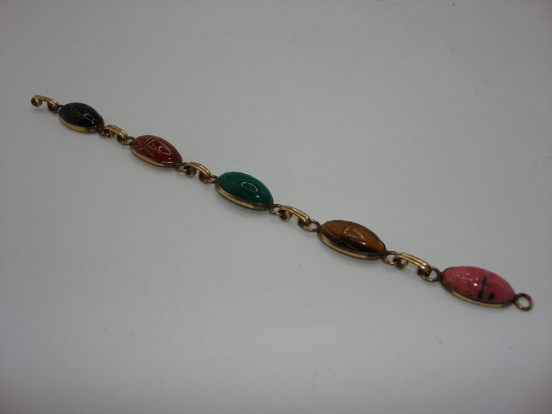 Vintage gold-filled scarab beetle bracelet with gemstone and onyx carvings