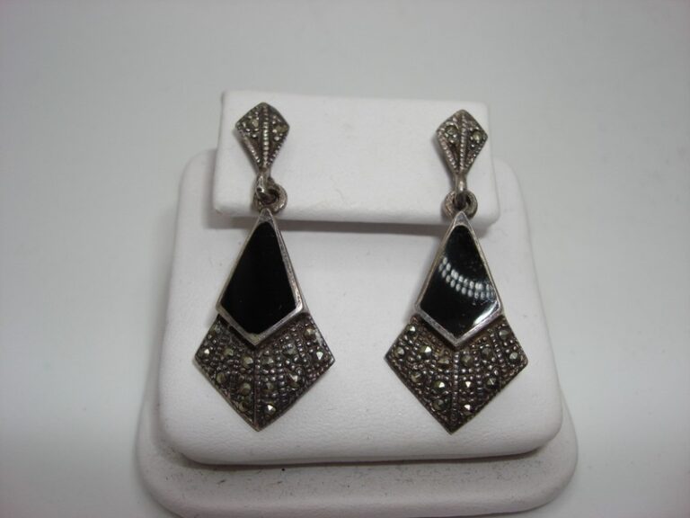 Vintage Sterling Silver Onyx & Marcasite Dangle Earrings