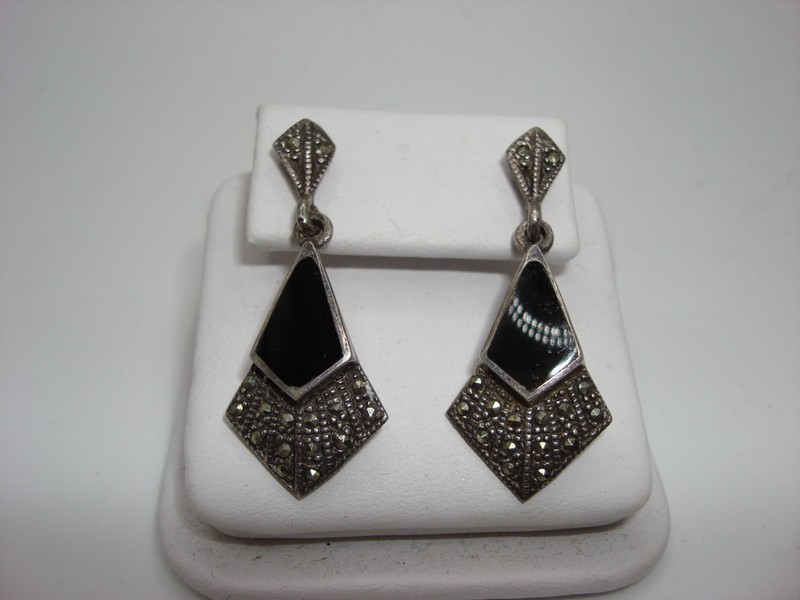 Vintage Sterling Silver Onyx & Marcasite Dangle Earrings