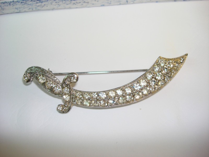 Vintage ORA vermeil silver and rhinestone Masonic sword pin, Shriners brooch
