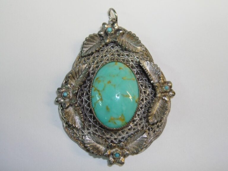 Vintage Czech Art Deco filigree brooch with Hubbell faux turquoise cabochon