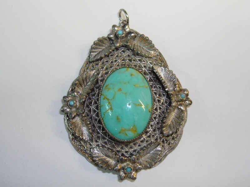 Vintage Czech Art Deco filigree brooch with Hubbell faux turquoise cabochon