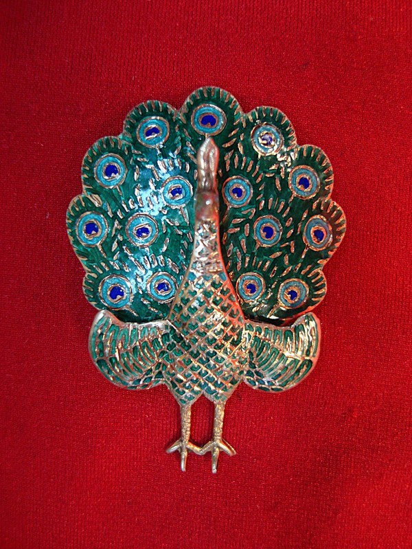 Vintage sterling silver peacock pin with enamel, articulated tail