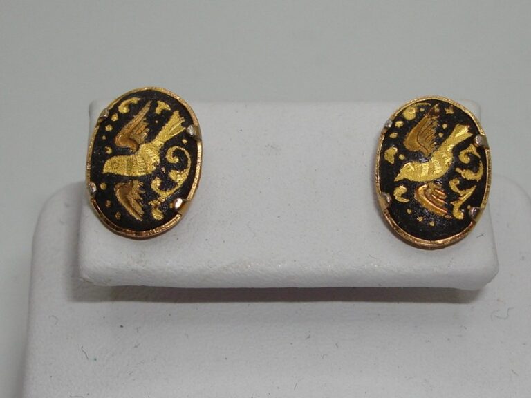 Vintage Damascene sparrow earrings in black and 24k gold, Spain