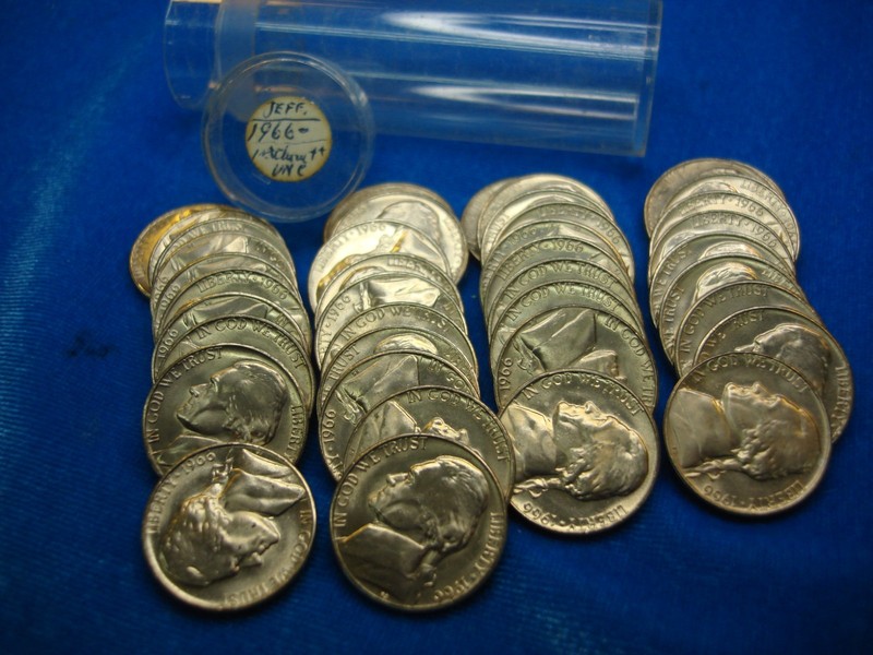 Original roll of 40 uncirculated 1966 Jefferson nickels in a vintage '1st Choice UNC' tube