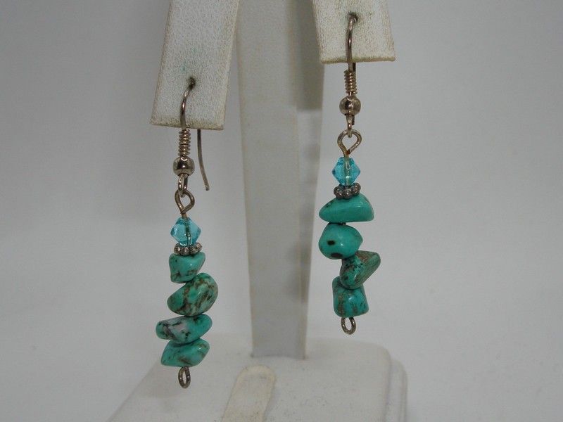 Vintage bohemian turquoise dangle earrings with faceted rhinestone and silver