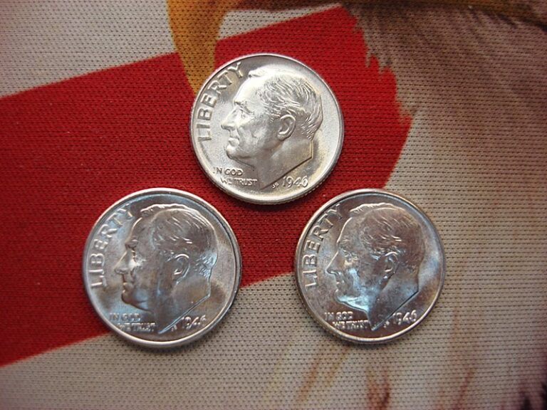 Uncirculated 1946 Roosevelt dimes from Philadelphia, Denver, and San Francisco mints