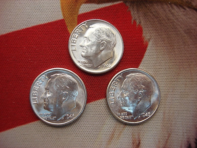 Uncirculated 1946 Roosevelt dimes from Philadelphia, Denver, and San Francisco mints