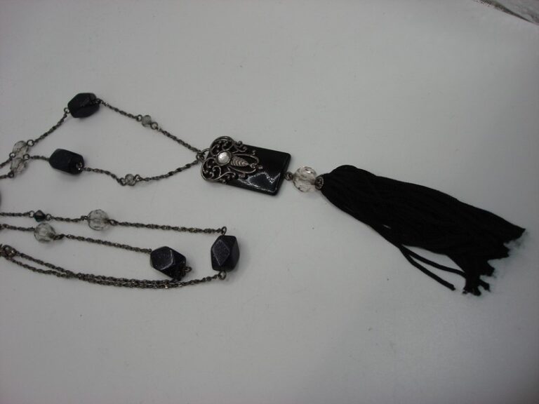 Vintage NR black tassel necklace with rhinestone pendant
