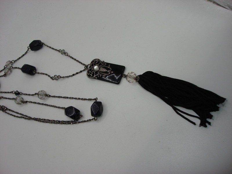 Vintage NR black tassel necklace with rhinestone pendant