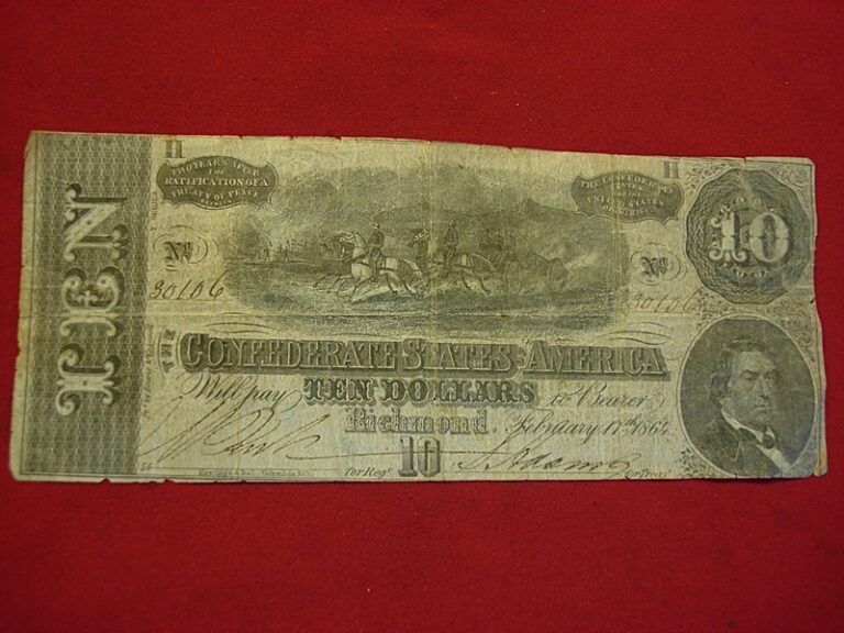 1864 Confederate $10 note (Series 7), circulated Civil War relic with wear and tear