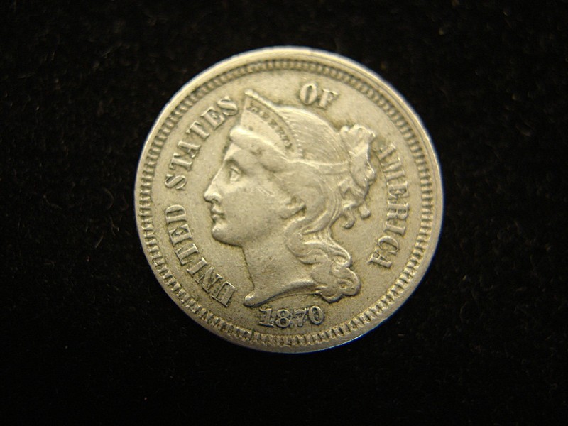 1870 Three Cent Nickel coin in excellent condition